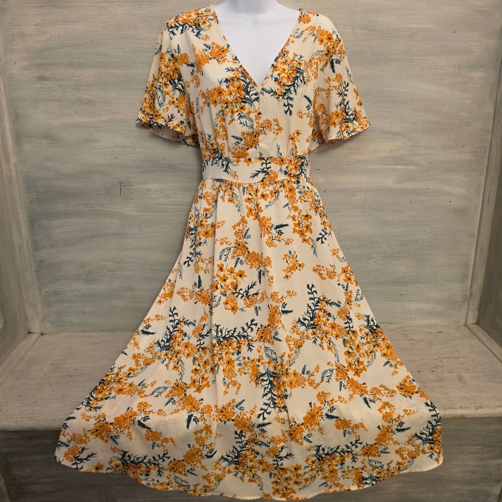 Emery Multicolor Rose Floral Print Vneck Short Sleeve Midi Dress Size XL LN